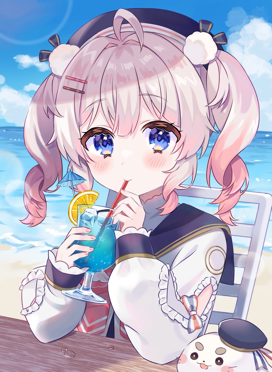 1girl hat twintails drinking straw beach blue eyes table  illustration images