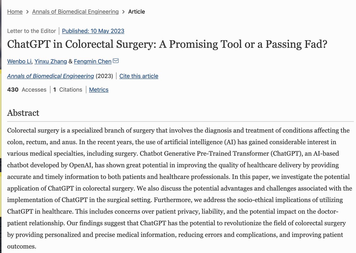 ChatGPT in #ColorectalSurgery: A Promising Tool or a Passing Fad?
#SoMe4Surgery 
@GabrielaMoslein 
@ManishChandSurg 
@juliomayol 
@SWexner 
link.springer.com/article/10.100…