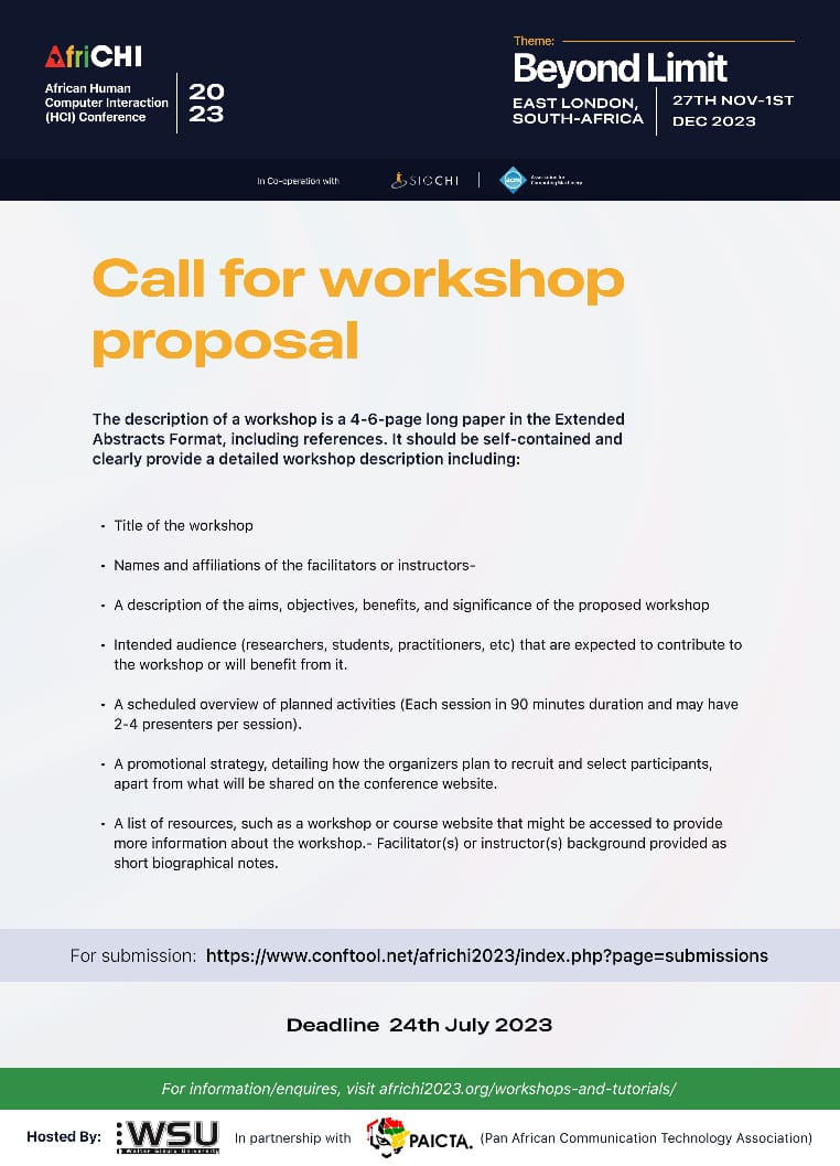 Deadline for Workshop Proposals towards AfriCHI2023 is less than 30days now. Turn in your proposals for consideration using this link: conftool.net/africhi2023/in…