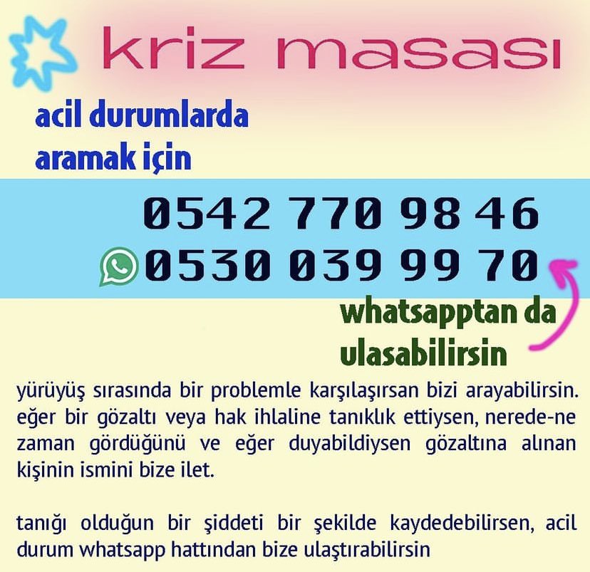 Paparonların olmadığı ara sokaklardan naşlayabilirsin. Herhangi bir durum geliştiğinde @istanbulpride’ın kriz masası’na ulaşabilirsin. Haydi aşkım, DAĞILIYORUZ!