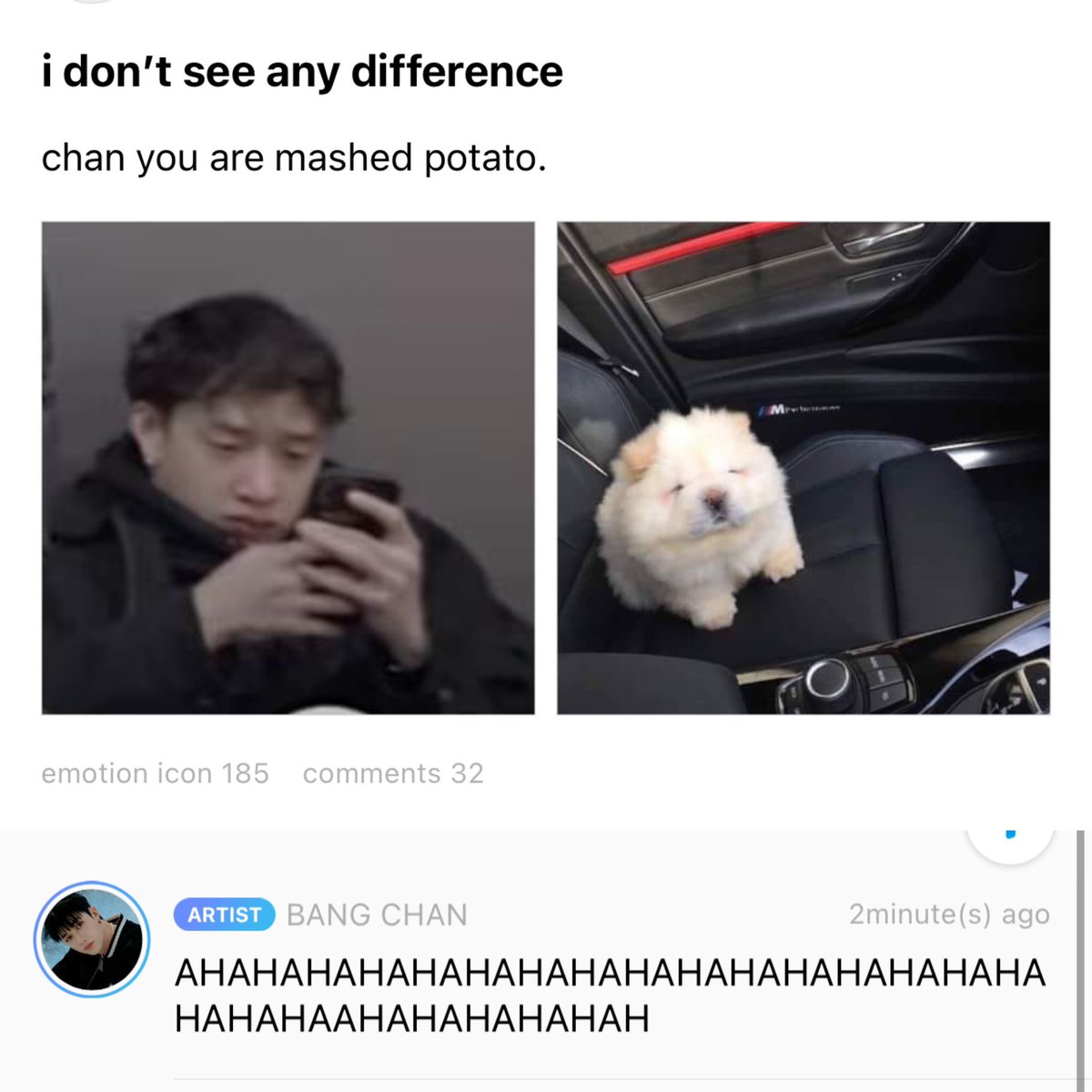MischievousChan's tweet photo. Remember when chan discovered we call him mashed potato 😭 https://t.co/1NdT7ZGjmf