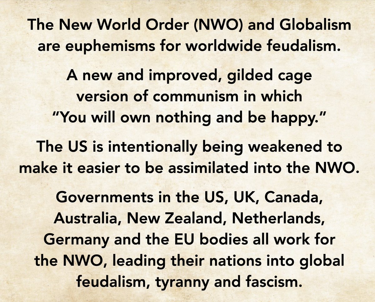 The NWO/globalists include the Rockefellers, Rothschilds, WEF, Gates, Fink/BlackRock, Vanguard, Bloomberg, State Street, JP Morgan-Chase - and a few other players as well.

The WHO, IMF, Bank of International Settlements, UN are all tools of globalists. 

The entire Biden admin,…