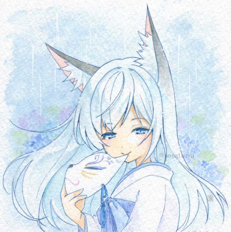 1girl animal ears solo japanese clothes blue eyes mask fox ears  illustration images