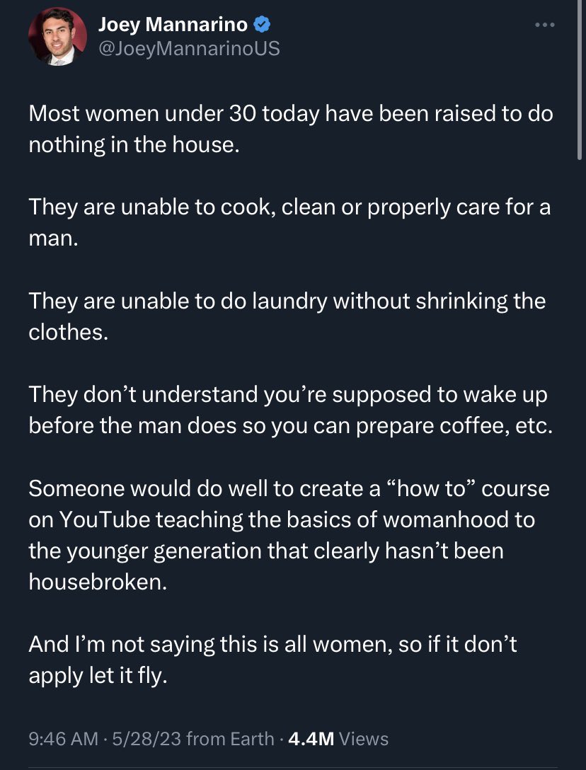 I’ve said it before and I’ll say it again: if you are a man, and you are not disabled, and you cannot or will not cook and clean for yourself and do your own laundry, you deserve the consequences. If you and your partner work out an equitable arrangement, great, but it’s not…1/2