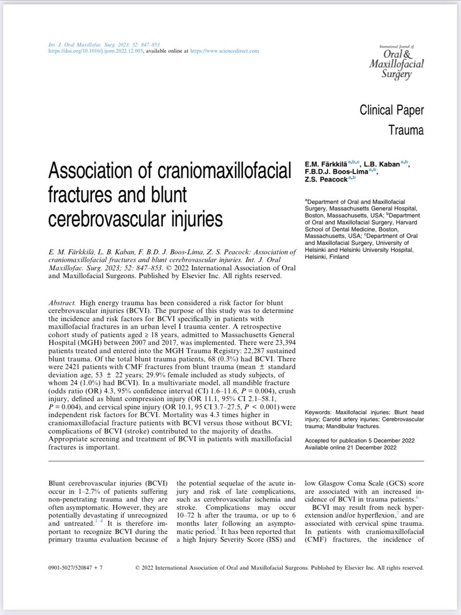 Craniomaxillofacial trauma and BCVI: Our latest paper out now in print ⁦@IAOMS⁩ journal #omfs #MGH #BCVI #trauma #facialfracture