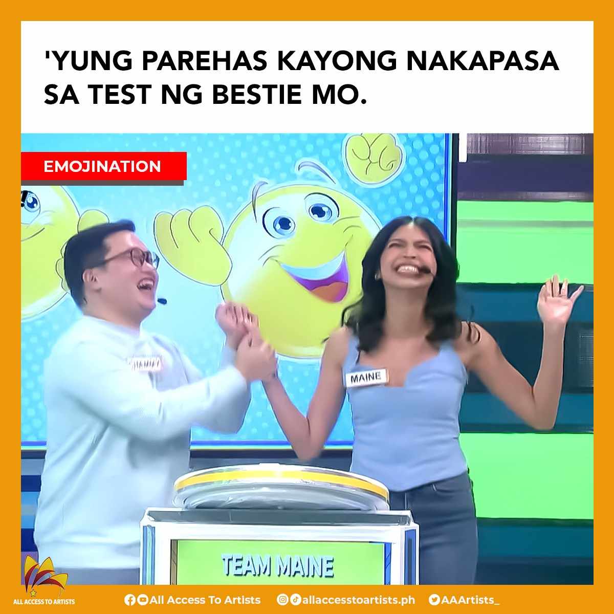 @mainedcm and Chamy ay legit Bestie goals ✨️ Abangan sila sa #Emojination mamayang 5:00 PM sa TV5! #MaineGoalsSeason3 Saturdays 9:00 AM sa TV5 Monday-Friday 4:30 PM and 8:00 PM sa BuKo Channel #MaineMendoza