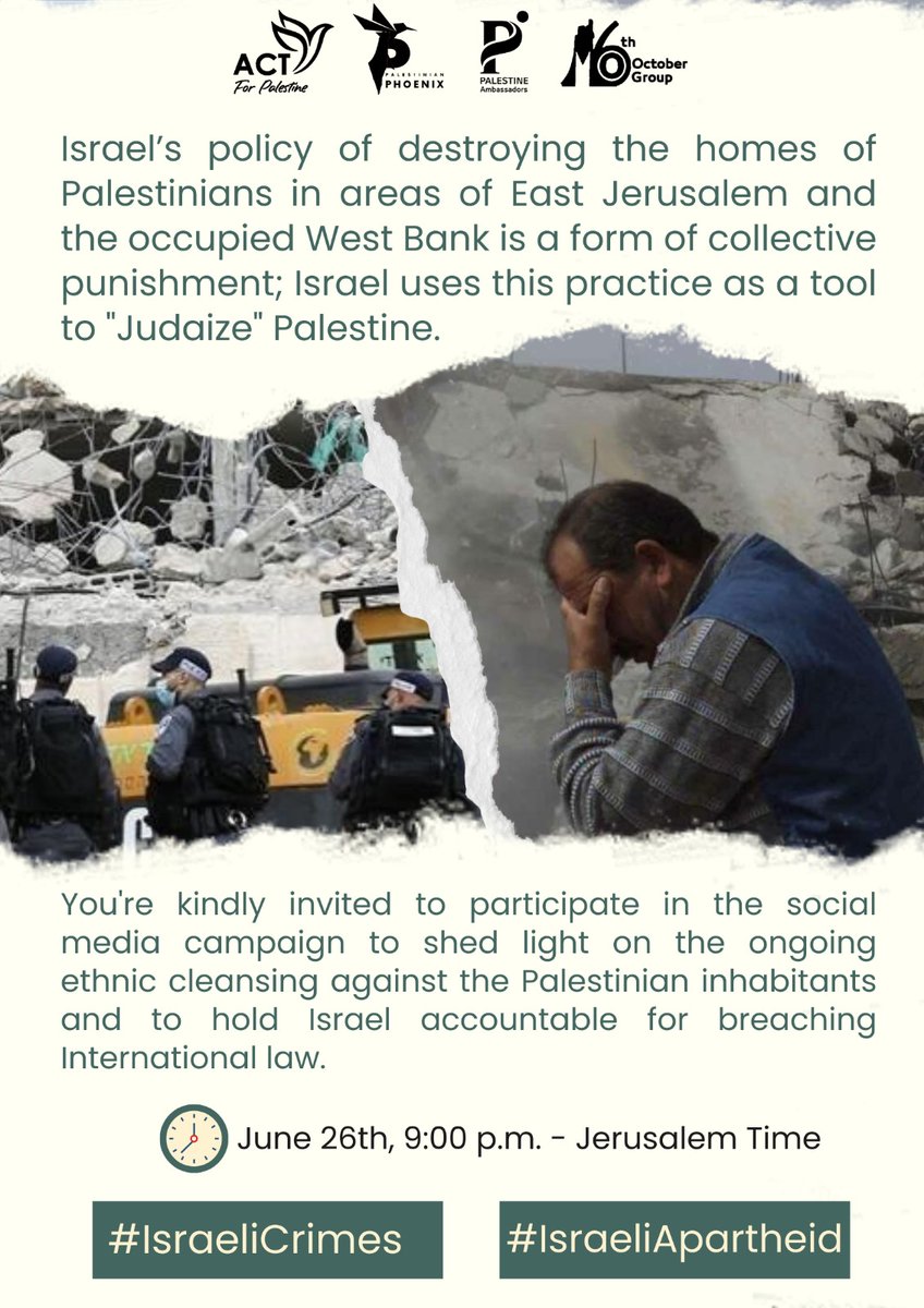 Act4Pal2's tweet photo. You're kindly invited to participate in the social media campaign to shed light on the ongoing #EthnicCleansing against the #Palestinian inhabitants and to hold #Israel accountable for breaching International law.

Hashtags:
#IsraeliApartheid
#IsraeliCrimes https://t.co/NJ7g1BfpDk
