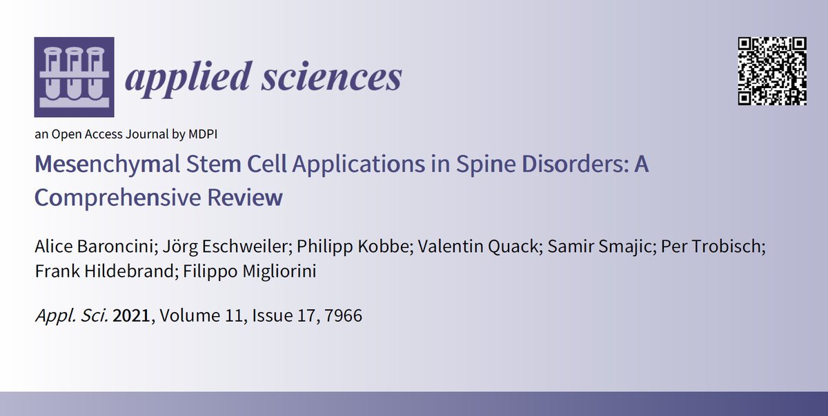 📢 Read our review paper in #SpecialIssue

📚 Mesenchymal #StemCell Applications in #Spine Disorders: A Comprehensive Review
🔗 mdpi.com/2076-3417/11/1…
👨‍🔬 by Dr. Alice Baroncini et al.
🏫 @RWTH

#openacces #mdpiapplsci
@MDPIOpenAccess @EncyclopediaMD1 @MDPIEngineering