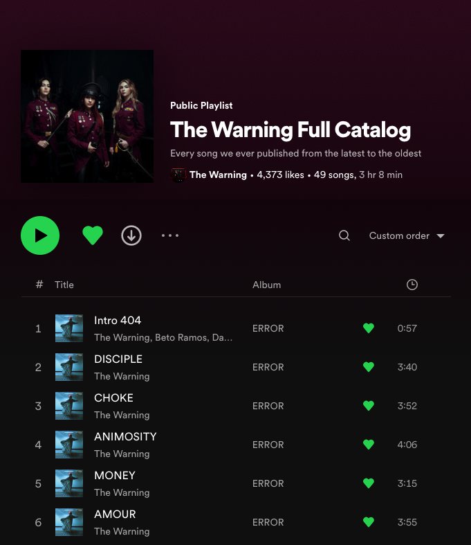 TheWarningAust's tweet photo. Listen to The Warning's full catalogue of music on @Spotify! π§
Share with friends and new listeners!
π https://t.co/DH9eoQASYp π
#TW3 #Spotify #TheWarning #TheWarningBand #TheWarningError #TheWarningAnimosity #rockband #SpotifyPlaylist #Music https://t.co/dyDsm607X7