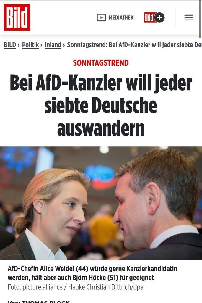 Die #Bild berichtet: 'Jeder siebte Deutsche würde bei #AfD-Kanzler auswandern.' Das ist super - wir halbieren die Zahl der Auswanderungswilligen! Denn unter Führung der #Ampel überlegen derzeit sogar doppelt so viele Bürger, ihre Heimat zu verlassen: theeuropean.de/hermann-binker…