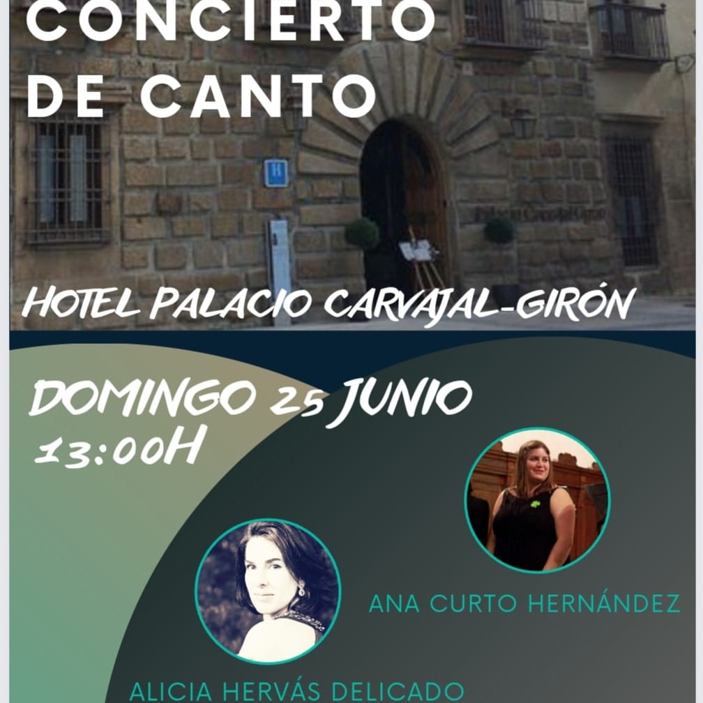 Concierto #canto hoy domingo 25 de junio a las 13:00h en <a href="/hpcarvajalgiron/">Hotel Carvajal Girón</a> 
Entrada libre
Sociedad Filarmónica Placentina y Musikex: ciclo JÓVENES INTÉRPRETES