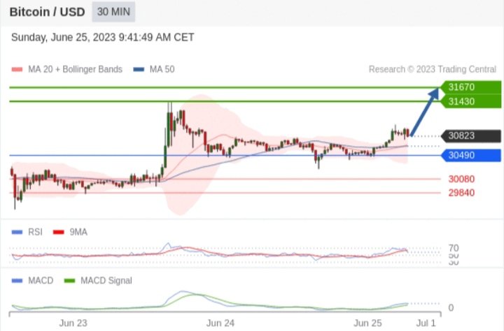 30490 作为转折点。 交易策略：看涨，当 30490 为支撑位。 备选策略： 如跌破 30490 ，Bitcoin / Dollar 目标方向定在 30080 和 29840 。 技术点评 : RSI技术指标大于中性区域50。 MACD技术指标呈现看多状态并 处在其信号线的上方。 此外，价位处在其20天及50天移动平均线上方 (当前30675和30650