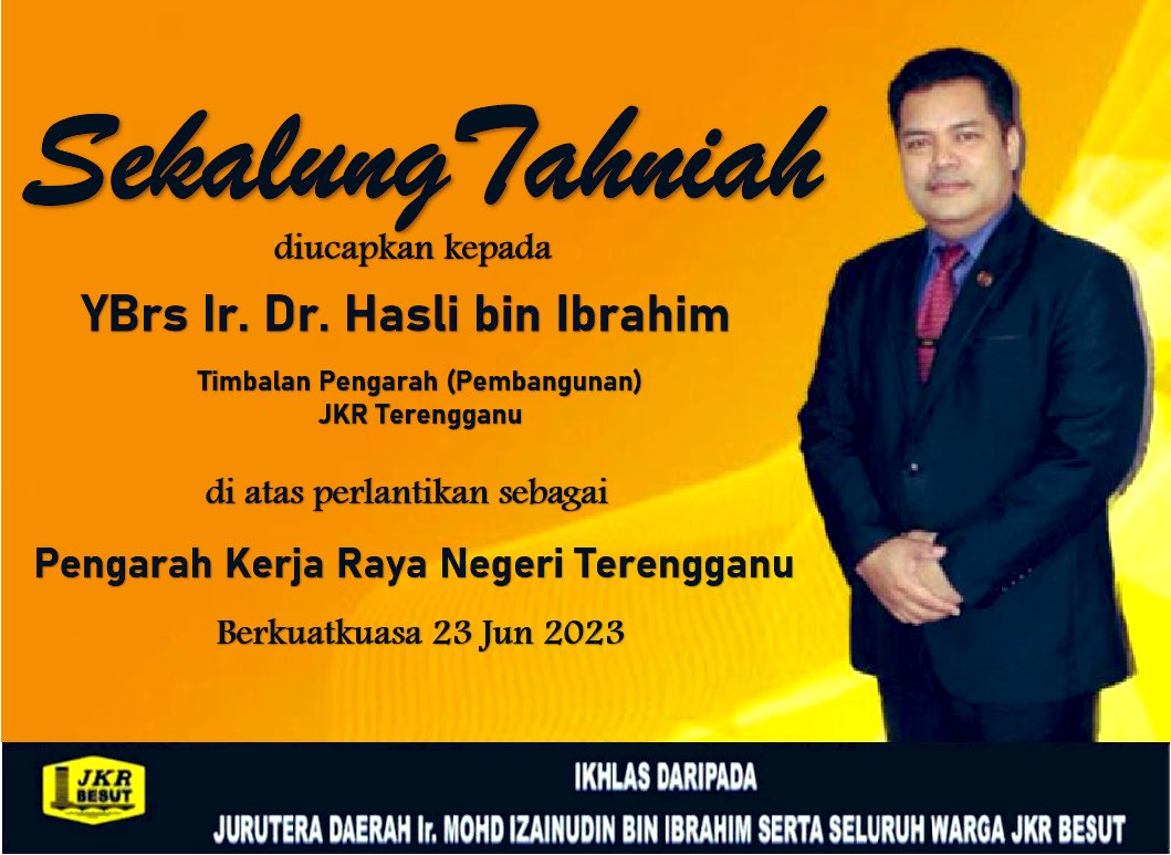 JKR BESUT (@jkrbesut) on Twitter photo Ucapan Tahniah kepada YBrs. Ir. Dr. Hasli bin Ibrahim di atas perlantikan sebagai Pengarah Kerja Raya Negeri Terengganu yang berkuatkuasa pada 23hb Jun 2023.
<a href="/IPJKR_Official/">JKR Malaysia Rasmi</a> <a href="/JKRTerengganu/">JKR Terengganu</a> <a href="/HasliJKR/">Hasli Ibrahim (Ir. Dr.)</a> <a href="/izainudin__/">MOHD IZAINUDIN BIN IBRAHIM (JKR)</a> <a href="/MahzanNik/">Ir. Nik Mohd Mahzan</a> <a href="/IbrahimBinMatA1/">Ibrahim Bin Mat Adam</a> Ucapan Tahniah kepada YBrs. Ir. Dr. Hasli bin Ibrahim di atas perlantikan sebagai Pengarah Kerja Raya Negeri Terengganu yang berkuatkuasa pada 23hb Jun 2023.
<a href="/IPJKR_Official/">JKR Malaysia Rasmi</a> <a href="/JKRTerengganu/">JKR Terengganu</a> <a href="/HasliJKR/">Hasli Ibrahim (Ir. Dr.)</a> <a href="/izainudin__/">MOHD IZAINUDIN BIN IBRAHIM (JKR)</a> <a href="/MahzanNik/">Ir. Nik Mohd Mahzan</a> <a href="/IbrahimBinMatA1/">Ibrahim Bin Mat Adam</a>