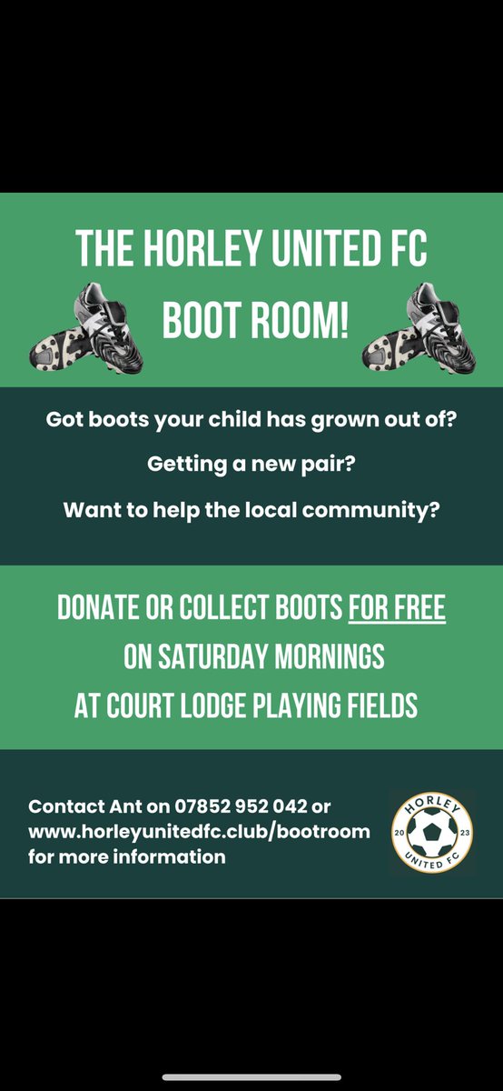 <a href="/horleyunitedfc/">Horley United FC</a> we are excited to help the community once again. I for one know how expensive football boots/trainers are. So if you have any spare pairs hanging around please contact me and donate to us , so we can help someone out who needs them. #HorleyCommunity please retweet