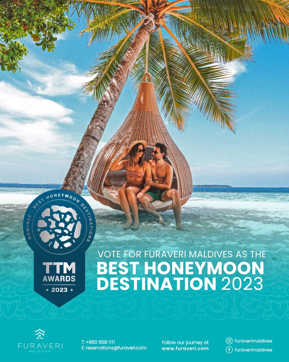 Furaveri Maldives has been nominated for The Honeymoon Destinations at The Travel Trade Maldives Awards 2023.

Vote for us here: traveltrademaldives.com/best-honeymoon…
Voting Deadline: 31st July 2023

#furaveri #FuraveriMaldives #manymemories #besthoneymoonresort #ttmawards2023 #visitmaldives