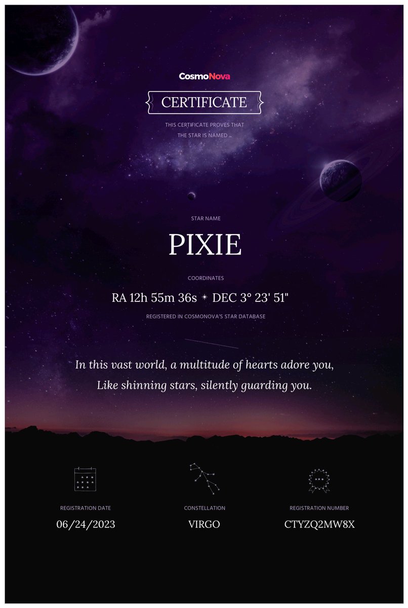 protect_felix's tweet photo. Cpixie purchased a Star⭐️

✨Pixie, a star representing the love for Felix,
✨Shines from afar, by your side, it persists.
✨Countless hearts, worldwide, silently guard,
✨Journeying together, love's unyielding regard.

#龙馥我爱你  #AlwaysWithFelix https://t.co/xrtKEghI96