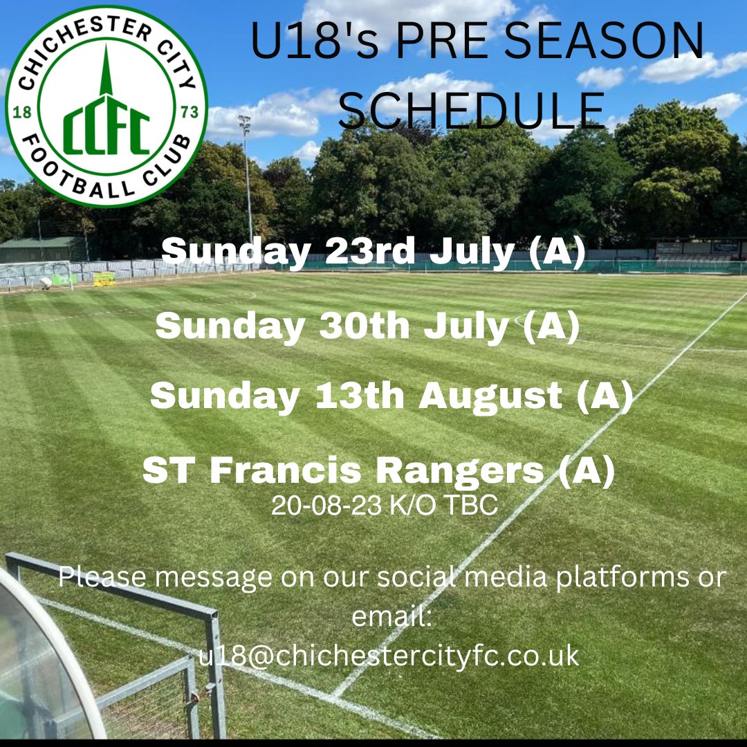 Our U18s look to add to their pre season schedule with 3 remaining dates available. If you are able to host our U18s and would like a game, please message us on social media or email. u18@chichestercityfc.co.uk 

#UpTheChi 🟢⚪️