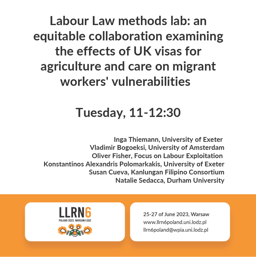 Looking forward to @LabourLawRN conference starting this afternoon. On Tuesday at 11am in room 1.4 we'll be discussing our project on migrant care and agricultural workers and how immigration rules and labour policies create preconditions for exploitation and trafficking #LLRN6