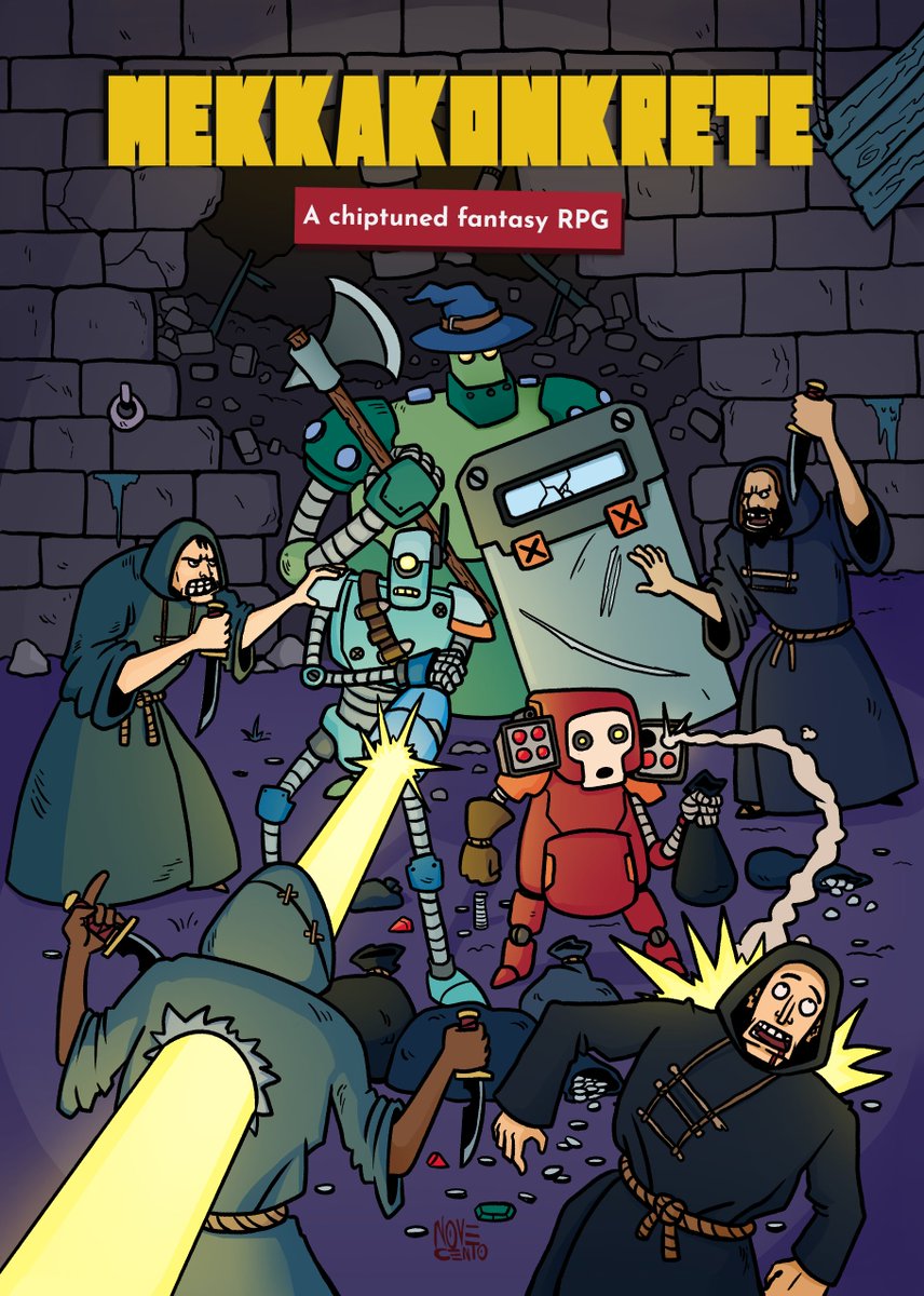 Hey #FreeRPGDay !🎲
You can get the core rules PDF of 'MEKKAKONKRETE'  for FREE on my ko-fi!
You and your friend will play as robots called Mekkas, thrown in a medieval world full of greedy cultists, angry knights, and giant salamanders!🤖

Link down below!⬇️