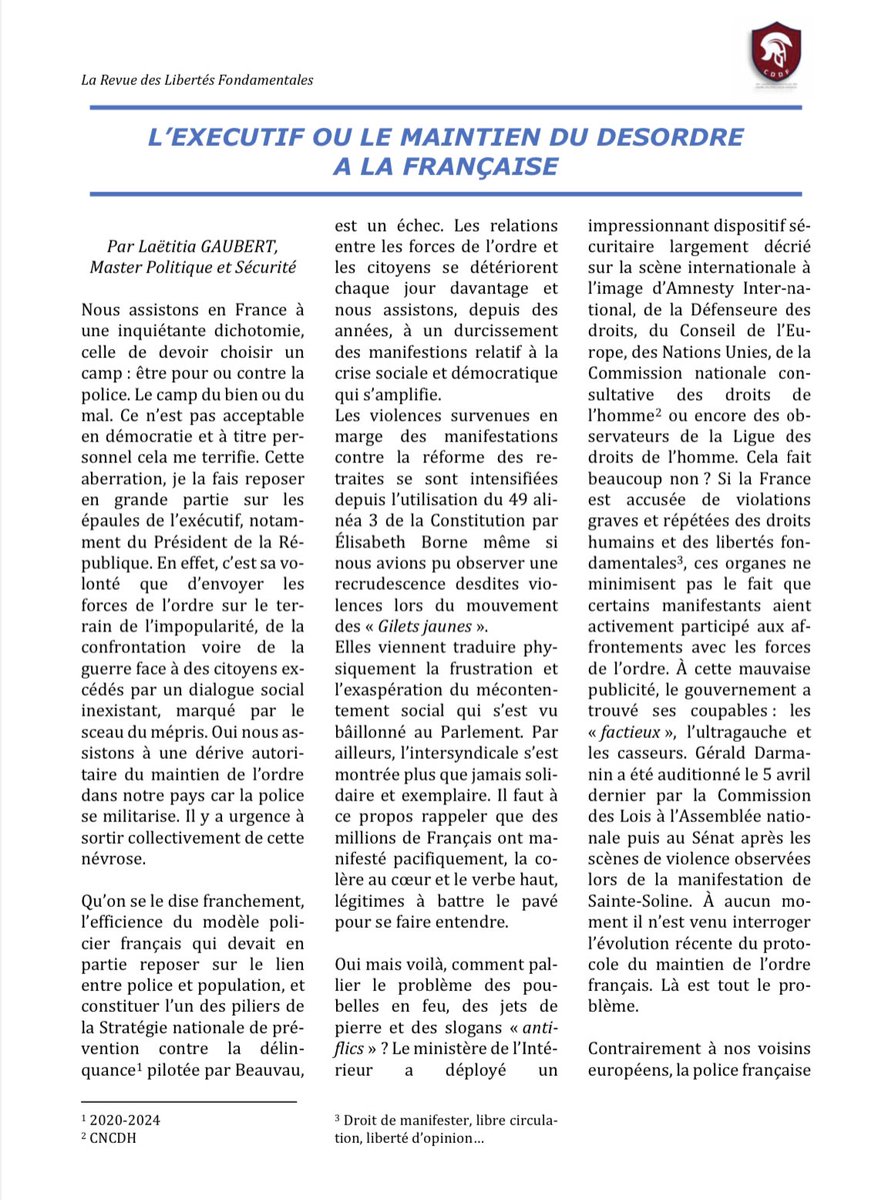 DoucetGaubert's tweet photo. Le plaisir de vous annoncer que j’ai eu la chance de contribuer une nouvelle fois à la Revue des libertés fondamentales du Barreau de Bordeaux. 

J’espère que cet édito vous plaira. Il porte sur le maintien de l’ordre, ici en France. 

Une question qui m’est chère. 
Vous savez 😉 https://t.co/vQDRcD6JAu
