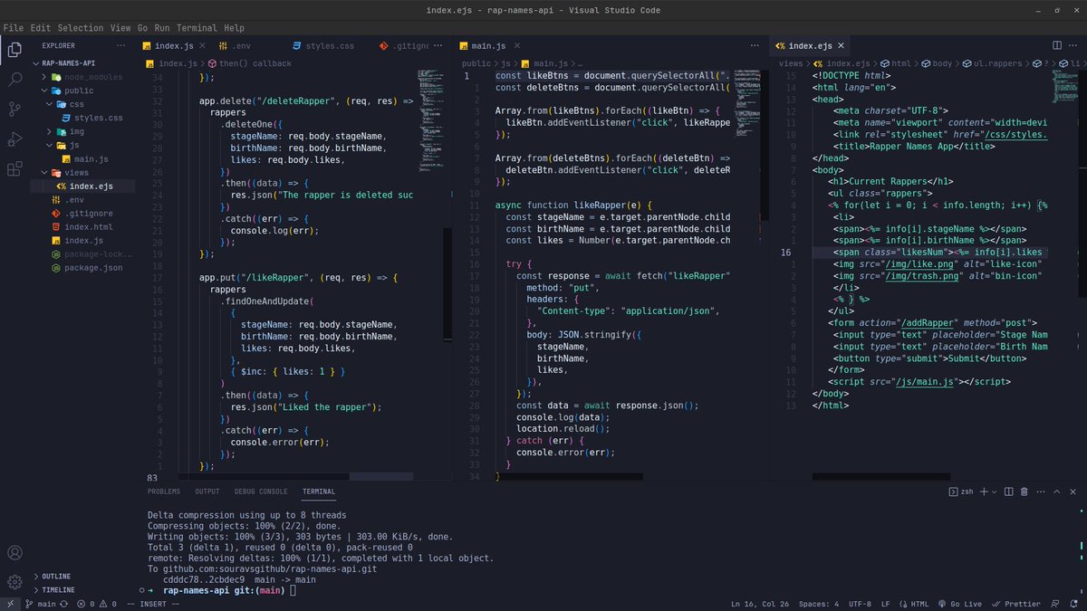 souravstwt's tweet photo. Made the rapper app and gave it the full CRUD functionality. Finished the class-41 of #100Devs https://t.co/r6RBvJTM85
