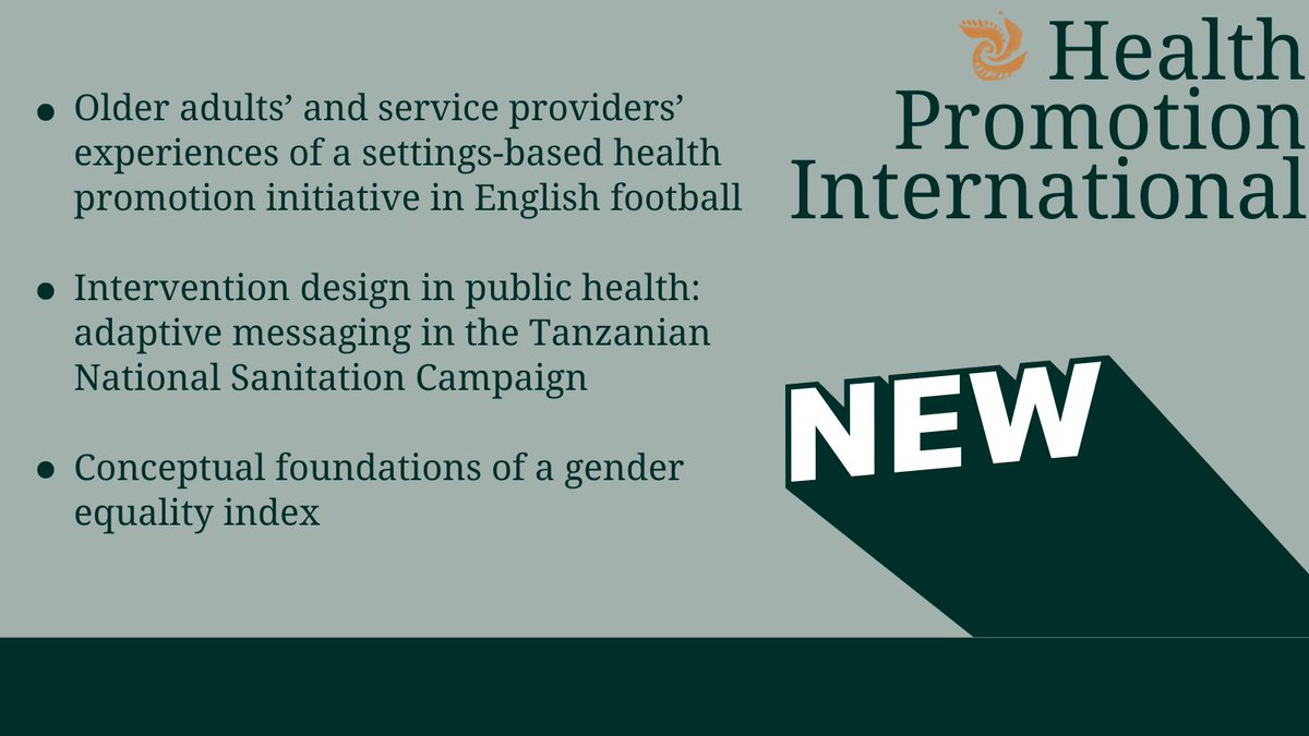Health Promotion International (OUP) (@healthpromint) on Twitter photo 🚨NEW THIS WEEK @ <a href="/HealthPromInt/">Health Promotion International (OUP)</a> 🚨
Some really interesting journal articles exploring:
• Physical activity in older adults
• Effective public health messaging campaigns &
• Gender equality indexes
Find all of our latest articles here: bit.ly/NewAtHPI 🚨NEW THIS WEEK @ <a href="/HealthPromInt/">Health Promotion International (OUP)</a> 🚨
Some really interesting journal articles exploring:
• Physical activity in older adults
• Effective public health messaging campaigns &
• Gender equality indexes
Find all of our latest articles here: bit.ly/NewAtHPI