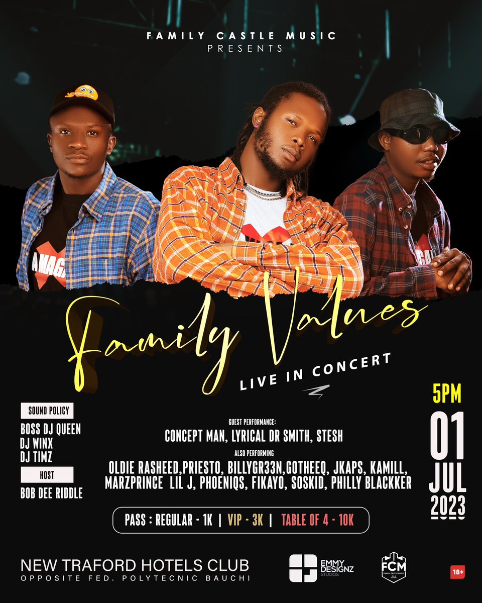 Family Values Comcert
1st July 2023
Details on poster
<a href="/MI_Abaga/">MI Abaga</a> <a href="/Jessejagz/">Jesse Jagz Abaga</a> <a href="/Khaliabdu/">Abdu</a> <a href="/DONJAZZY/">SUPREMOS 🤍🐘</a> <a href="/veejay_arico/">Capt.arico</a> <a href="/Dj_Abba/">DJ Ab</a> <a href="/AuduLys/">Lys Audu</a> <a href="/Djbadokissfm/">kiss 💋 99.9 FM Abuja Nigeria</a> <a href="/Mayor38/">MAYOR- Beautiful Arewa </a> <a href="/CoolFMAbuja/">Cool FM Abuja</a> @ijhaywonder 
#fcm