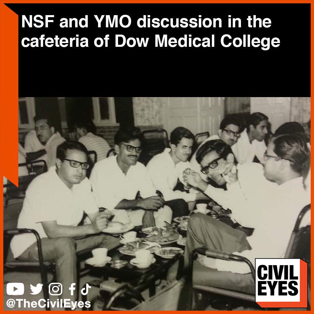 From the Archives: National Students Federation (NSF) and Young Medicos Organization (YMO), discussion over the tea in the cafeteria of Dow Medical College #Karachi, 1968. #theCivileyes