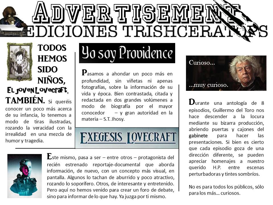 ¡Parrilla semanal de Ed. Trishceratops! 🗞️
Nos acercamos un poco a H.P. a través de diferentes medios y autores, a saber: comic de <a href="/cisnenegro/">Cisne Negro 🏴‍☠️</a> por <a href="/Diabolocomics/">DIÁBOLO EDICIONES</a>, libro de <a href="/AuroraDoradaEd/">Aurora Dorada Ediciones</a>, documental de <a href="/PrimeVideoES/">Prime Video España</a> y espeluznantes cuentos de terror de <a href="/RealGDT/">Guillermo del Toro</a> en <a href="/NetflixES/">Netflix España</a>.