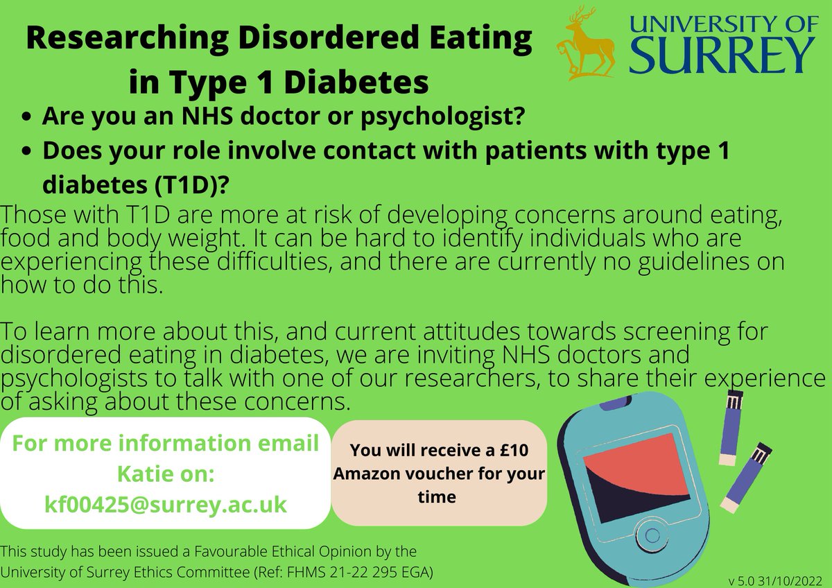 Diabetes #HCPs: researcher Katie Fitzgerald wants to speak to doctors and psychologists working in the NHS adult #Type1Diabetes service about their experiences of asking their #T1D patients about eating concerns or #T1DE. Contact Katie on kf0045@surrey.ac.uk to take part.