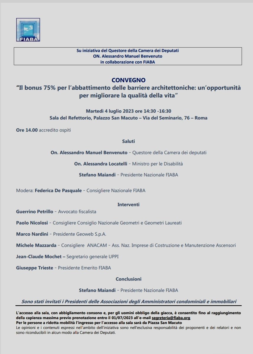 #savethedate
"Il BONUS 75% per l'abbattimento delle #barrierearchitettoniche: un'opportunità da non perdere" tutte le info da #FIABAOnlus vi aspettiamo. Sarà presente il #Ministro per la #disabilità <a href="/Ale_Locatelli_/">Alessandra Locatelli</a> #detrazionifiscali #casa #condominio #accessibility