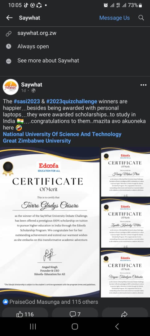 Congratulations to our NUST peer educators Zandile and Henry who came first in the annual SASI 2023 quiz challenge courtesy of <a href="/SAYWHATOrg/">SAYWHAT</a> . As part of prizes, they were awarded personal laptops and scholarships to India.Well done team, we wish them well in their next chapter🥳🏆