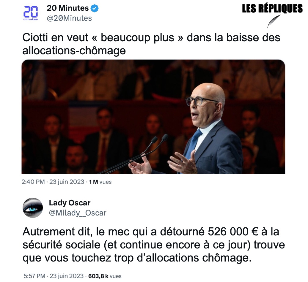 Les_Repliques's tweet photo. Vous avez cotisé pour mais le patron des Républicains Eric Ciotti plaide "pour aller beaucoup plus loin" dans la baisse de vos allocations-chômage

@Milady__Oscar https://t.co/e0oToytOiM