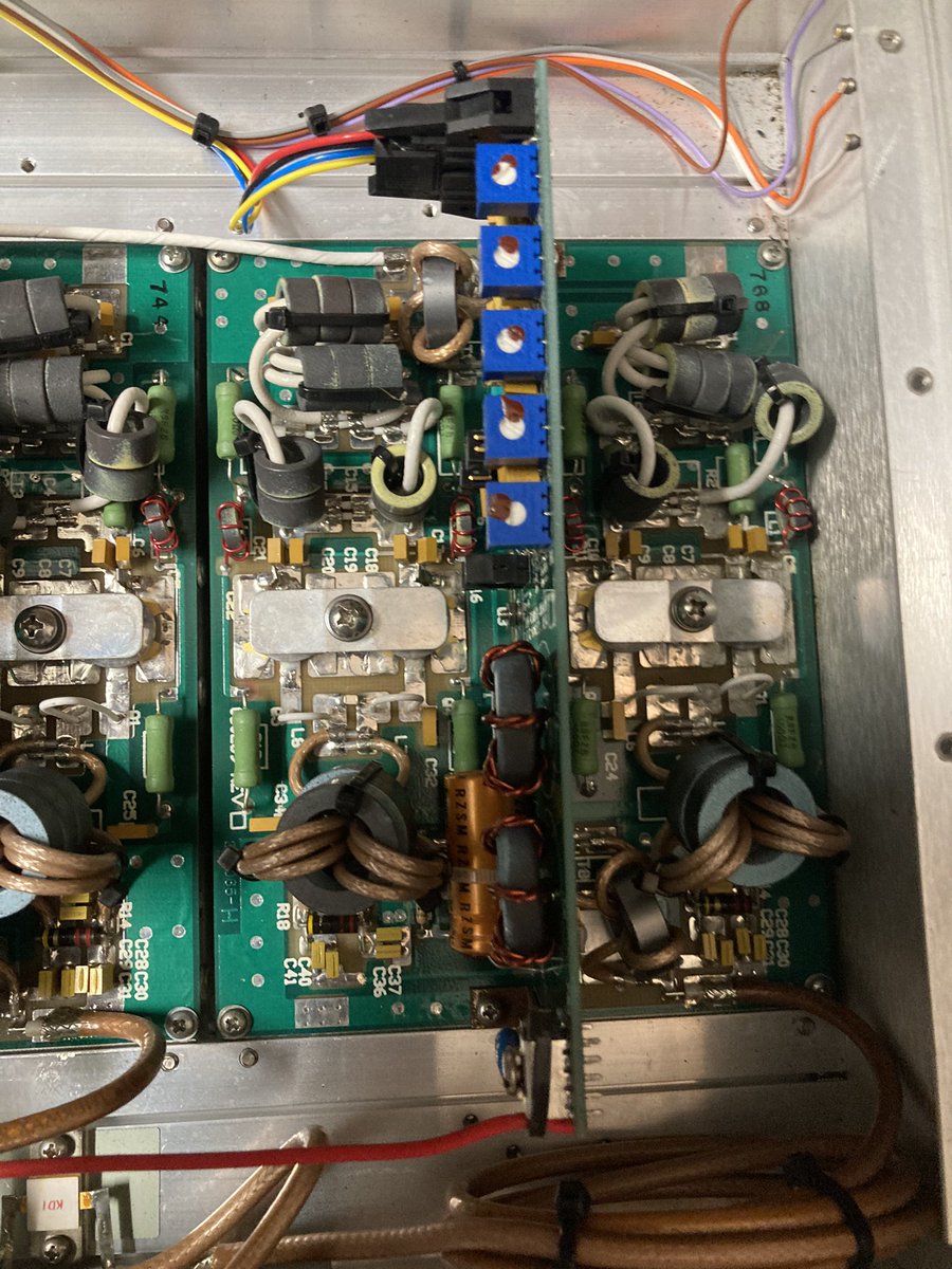 ov3t1's tweet photo. Picked up 3 Harris Platinum ch3 amplifiers. Can run direct on 50/70 MHz. Only need to add rx/tx coax power relays and pwrsupply. Excited to test and make one for my self and one for another HAM operator. I need to readjust bias for CW/SSB and and tune combiner #hamradio #ov3t https://t.co/IULsa8IAyL