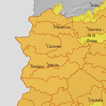 Estos son los avisos activos para hoy domingo (casi toda Extremadura) y para mañana (toda Extremadura y amplias zonas del SO de la Península)

Mucha precaución, por favor.