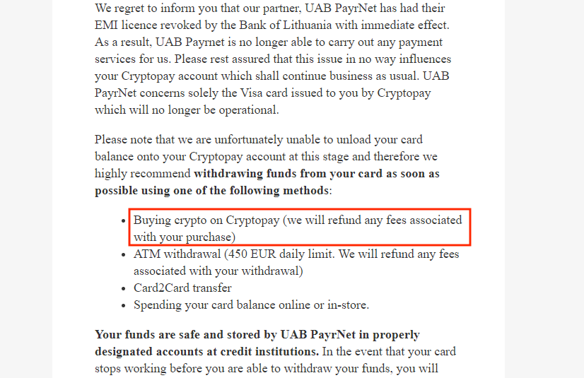 Cryptadamist's tweet photo. when #Payrnet got the guillotine last week it left customers of #CryptoPay unable to access the accursed fiat they had put on their crypto Visa card with no warning at all. the proposed solution #CryptoPay emailed to their customers? 

"Buy crypto on our platform." #ponzirific https://t.co/a9wm5sVtnr