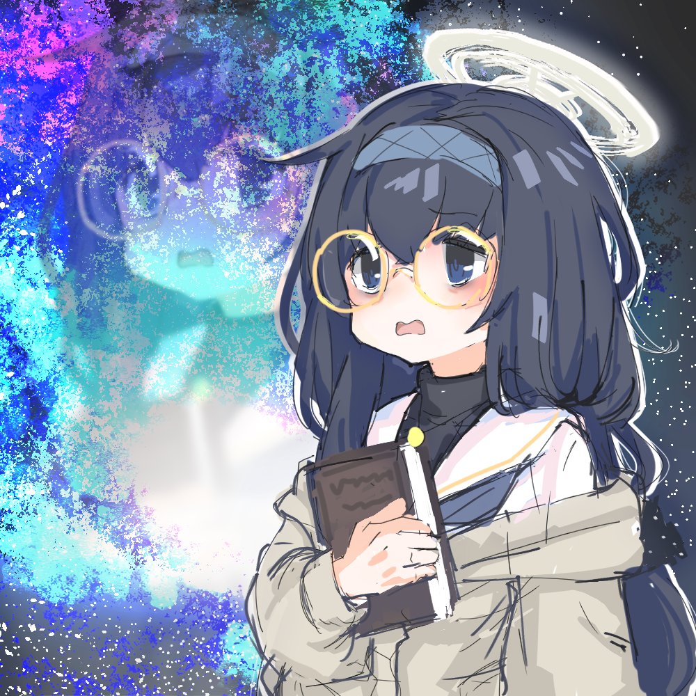 ui (blue archive) 1girl solo long hair book black hair halo glasses  illustration images