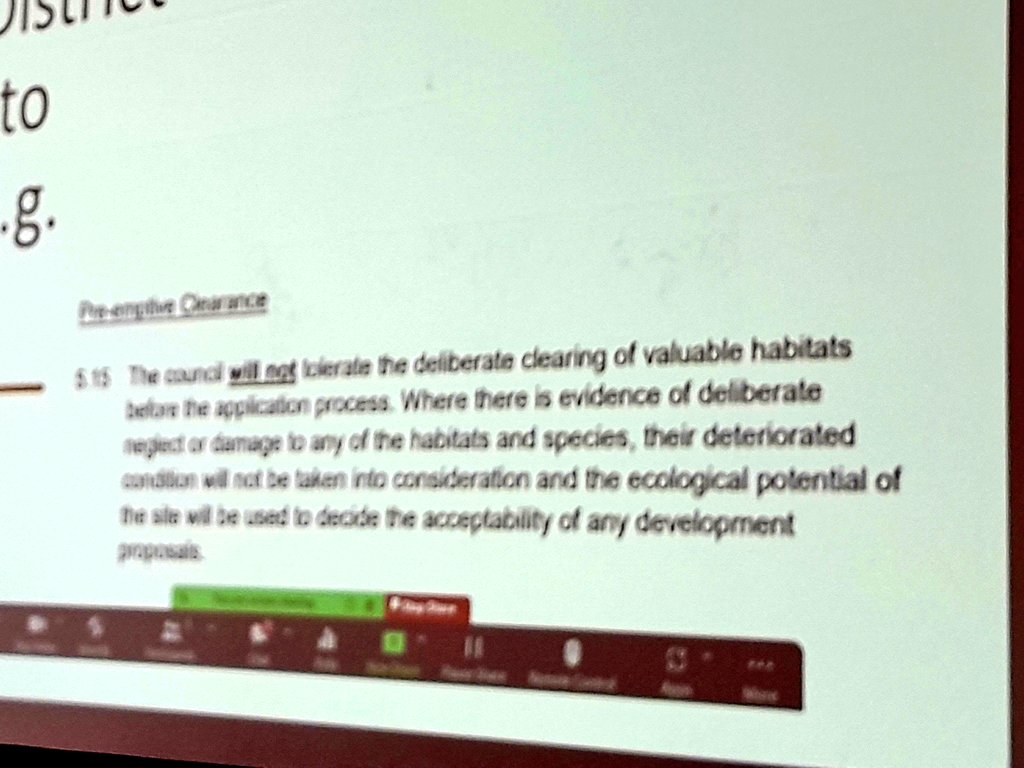 With <a href="/GreenCllrs/">Association of Green Councillors</a> hearing from <a href="/EmilyLincOBrien/">💚 Cllr Emily O'Brien 💚</a> - important local signal in Lewes local planning guidance: developers can't raze land and start counting #biodiversity net gain from there