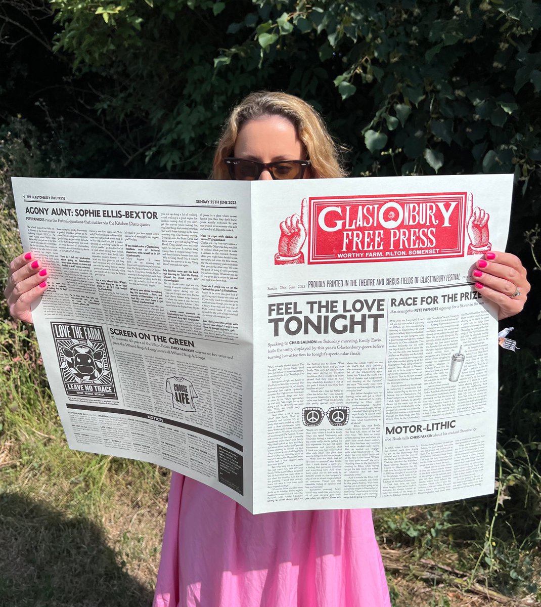 Sunday's edition of the Glastonbury Free Press - featuring exclusive interviews with Emily Eavis, Joe Rush and Nish Kumar, plus Sophie Ellis-Bextor - as our Glastonbury Agony Aunt - is available for free around site now, or download at glas.to/GFP23sun