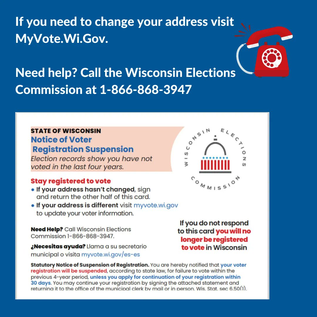 Voter Registration List Maintenance is now! If you received a postcard, you have until July 15 to return it and stay registered. If you need to update your registration visit myvote.wi.gov #EveryoneVote #RegisterToVote #VoterRegistration #Vote2024