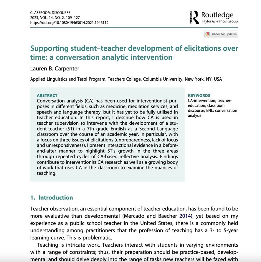 ColumbiaALTESOL's tweet photo. New publication from #lansibunch #altesolstudent Lauren B. Carpenter: Supporting student–teacher development of elicitations over time: a conversation analytic intervention https://t.co/b2HnBcw2jb… #teacher #development #CA @AAALGrads @TeachersCollege #emca @ISCAupdates https://t.co/KyPG13rTsV