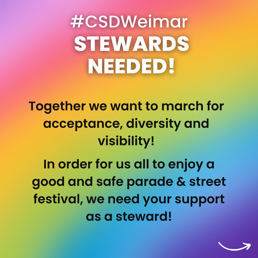 CSDWeimar's tweet photo. #CSDWeimar - Stewards needed! 🏳️🌈🏳️⚧️
Together we want to march for acceptance, diversity and visibility! In order for us all to enjoy a good and safe parade & street festival, we need your support as a steward! Info can be found in the sharepics. 👇 https://t.co/ZCPiEBgO9Y