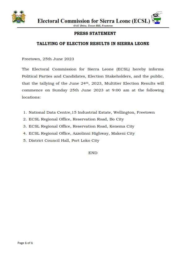 Electoral Commission <a href="/ECsalone/">The Electoral Commission for Sierra Leone</a> announced tallying of votes commenced at 8 am at regional centres...

Call 522 for any elections related incident.
#EminentWomen press briefing at 2:30 pm today supported by <a href="/UNDPSierraLeone/">UNDP in Sierra Leone</a>
#KolAtFoWiOl