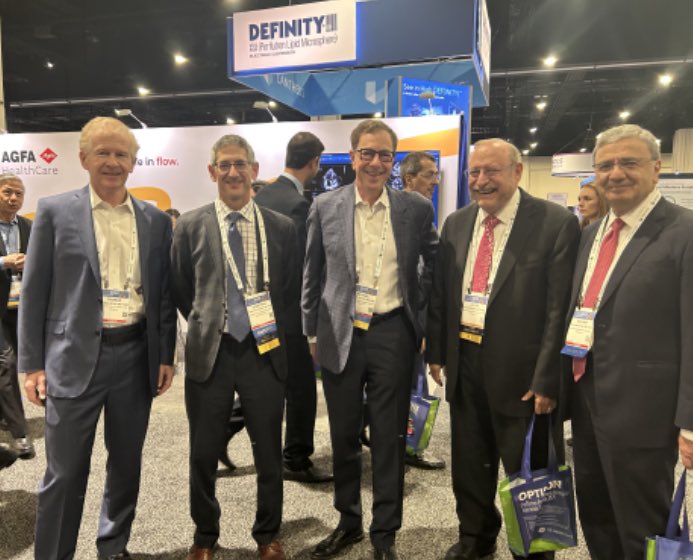 Past @ASE360 Presidents got together last night at the #ASE2023 President’s Reception! Left to right: Tom Ryan, MD, FASE; Jonathan Lindner, MD; @mikepicardmd; Julius M. Gardin, MD; and @WilliamZoghbi, MD, FASE, FAHA, MACC.