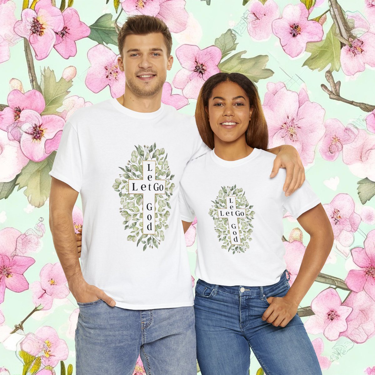etsy.me/430Wnxj #letgoletgod #womenstshirts #menstshirts #faithtees #godtees #christianapparel #religiousshirt #spiritualityshirts #faithoverfear #unisexcottontees #goldcross #greenleaves #spiritualfaith #lettinggo #remindershirt #inspirational #motivational