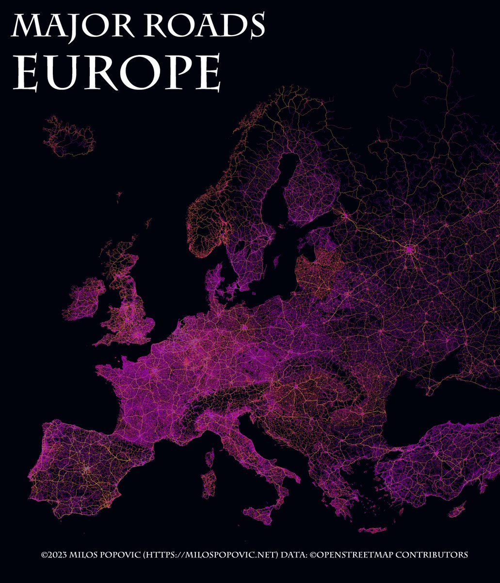 My new map leverages OpenStreetMap data in R to show the extensive network of major roads in Europe 🌍🚗

#RStats #DataScience #osm #dataviz #maps #geospatial