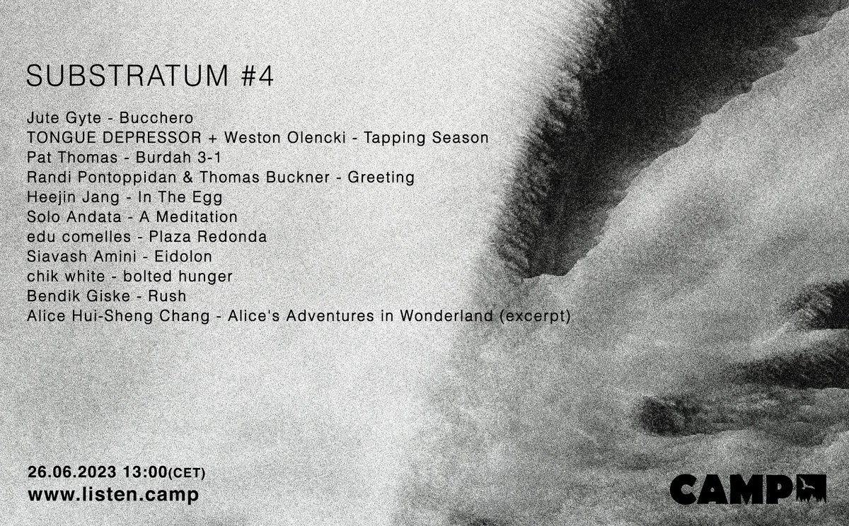 Tune into @listen_camp tomorrow at 13:00 CET for SUBSTRATUM #4. This episode oscillates between voicescape, microtonality, drone, and field recording.
with:
@h33j1n
@kaneikin
@educomelles
@capgrasman
@ccchikw
@BendikGiske
#AliceHuiShengChang
@DinzuArtefacts