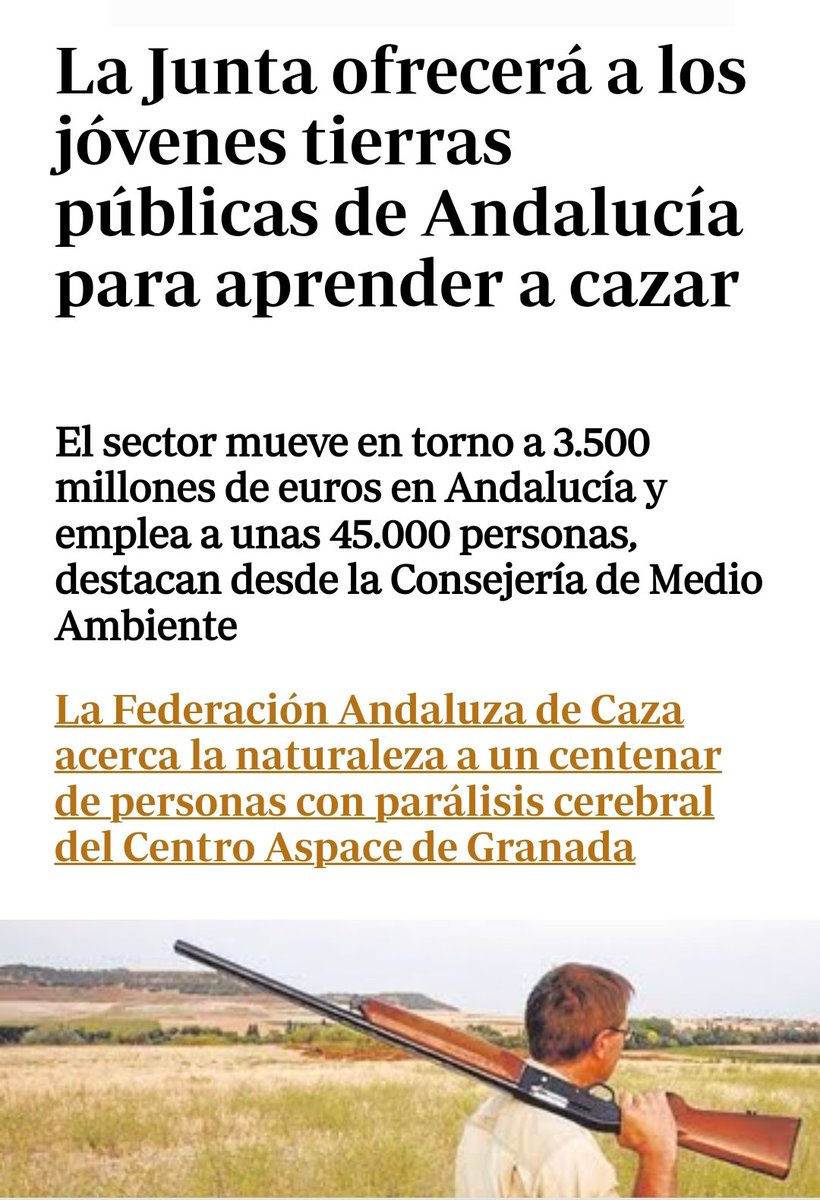 La Junta de Andalucía del PP, conocida mundialmente por su intento de destruir Doñana, ofrece terrenos públicos para aprender a cazar ...
Muera la inteligencia...
#NoALaCaza #LaVerdadDeLaCaza