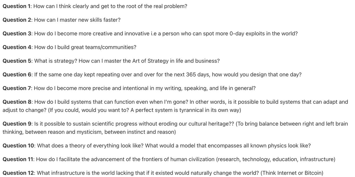 VirtualAnirudh's tweet photo. Here's how I accidentally rediscovered my content pillars with this one exercise.

And how you can use it if you're having trouble finding yours.

I stumbled onto this quote last week - 

"You have to keep a dozen of your favorite problems constantly present in your mind. 

Every time you hear a new trick or a new result, test it against each of your twelve problems to see whether it helps. 

Every once in a while there will be a hit,"

-- Richard Feynman

I was fascinated by this.

I sat down to write 12 questions that I keep coming back to in my life.

Get a notebook and pen. Do this exercise yourself.

1. What are your favorite questions?
2. What questions keep bothering you?
3. What questions keep coming up in your life?

Once you have your 12 questions, try to boil them down to concepts. 

When I was done with this exercise, I realized the things I wrote down were my content pillars.

For me, all my questions had to do with 
-- Entrepreneurship 
-- Technology & Innovation
-- Art of Strategic Thinking 

I didn't include physics and lifestyle design because while they are questions I'm interested in, I don't want to talk about them with other people.

They are personal problems.

A better alternative to traditional "niches". You can take those 3 pillars and expand on them in your tweets.

This way you'll end up wit your own niche of one. And it's a bottom-up organic approach. 

Since you are interested in these questions, you can talk about them for hours and hours.

This is a much better way to finding what you should talk about on Twitter.