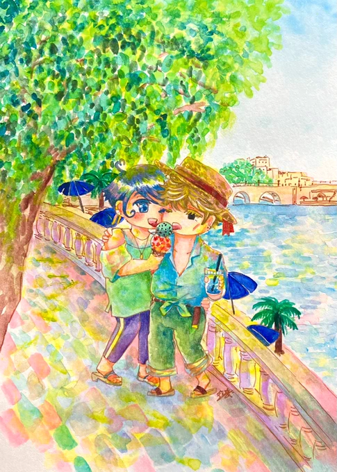 『夏の川沿いデート』  ~MM 24時。 #透明水彩 #アナログ画 #一次創作 #絵柄が好みって人がいたらいいなぁ